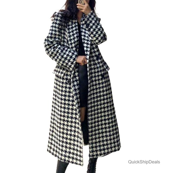 Women's Houndstooth Trench Coat Quilted Lined Double Breasted Pea Coat